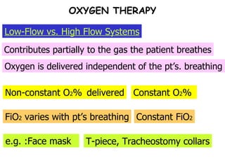 Non-constant O 2 %   delivered Contributes partially to the gas the patient breathes Oxygen is delivered independent of the pt’s. breathing  Constant O 2 %  FiO 2  varies with pt’s breathing Constant FiO 2 e.g. :Face mask  T-piece, Tracheostomy collars Low-Flow vs. High Flow Systems OXYGEN THERAPY 