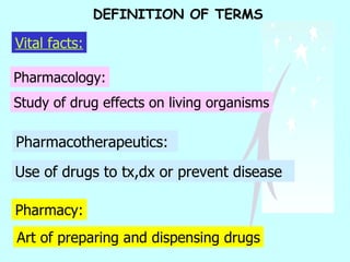 Pharmacy: Pharmacotherapeutics: Pharmacology: Vital facts: DEFINITION OF TERMS Study of drug effects on living organisms Use of drugs to tx,dx or prevent disease Art of preparing and dispensing drugs 