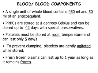 A single unit of whole blood contains  450  ml and  50  ml of an anticoagulant. PRBCs are stored at  4  degrees Celsius and can be stored up to  42  days with special preservatives. Platelets must be stored at  room  temperature and can last only  5  day/s. To prevent clumping, platelets are gently  agitated  while stored. Fresh frozen plasma can last up to  1  year as long as it remains  frozen . BLOOD/ BLOOD COMPONENTS 
