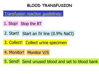 3. Collect! 2. Start! 1. Stop! Stop the BT Start an IV line (0.9% NaCl) Collect urine specimen 4. Monitor! Monitor V/S 5. Send! Send unused blood and set to blood bank Transfusion reaction guidelines: BLOOD TRANSFUSION 
