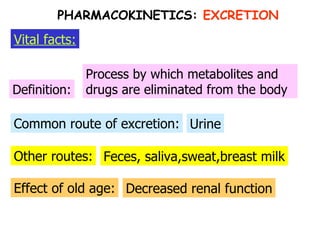 Other routes: Common route of excretion: Definition: Vital facts: Process by which metabolites and drugs are eliminated from the body Urine Feces, saliva,sweat,breast milk Effect of old age: Decreased renal function PHARMACOKINETICS:  EXCRETION 