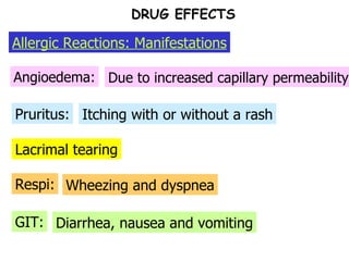 Lacrimal tearing Pruritus: Angioedema: Due to increased capillary permeability Itching with or without a rash Respi: GIT: DRUG EFFECTS Allergic Reactions: Manifestations Wheezing and dyspnea Diarrhea, nausea and vomiting 