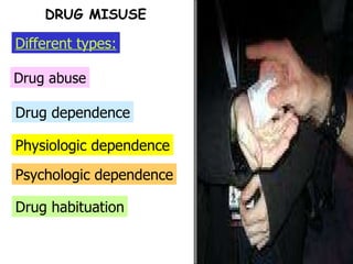 Physiologic dependence Drug dependence Drug abuse Different types: DRUG MISUSE Psychologic dependence Drug habituation 