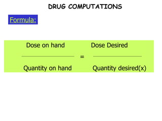 Formula: DRUG COMPUTATIONS Dose on hand Dose Desired    = Quantity on hand Quantity desired(x) 