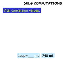 1cup=___ mL Vital conversion values: DRUG COMPUTATIONS 240 mL 