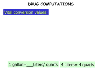 Vital conversion values: DRUG COMPUTATIONS 1 gallon=___Liters/ quarts 4 Liters= 4 quarts 