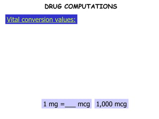 Vital conversion values: DRUG COMPUTATIONS 1 mg =___ mcg 1,000 mcg 