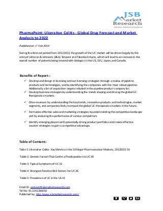 PharmaPoint: Ulcerative Colitis - Global Drug Forecast and Market
Analysis to 2022
Published on 1st Feb 2014
During the forecast period from 20122022, the growth of the UC market will be driven largely by the
entry of Johnson & Johnsons (J&Js) Simponi and Takedas Entyvio, which will lead to an increase in the
overall number of patients being treated with biologics in the US, 5EU, Japan, and Canada.

Benefits of Report: Develop and design in-licensing and out-licensing strategies through a review of pipeline
products and technologies, and by identifying the companies with the most robust pipeline.
Additionally a list of acquisition targets included in the pipeline product company list.
 Develop business strategies by understanding the trends shaping and driving the global UC
therapeutics markets.
 Drive revenues by understanding the key trends, innovative products and technologies, market
segments, and companies likely to impact the global UC therapeutics markets in the future.
 Formulate effective sales and marketing strategies by understanding the competitive landscape
and by analyzing the performance of various competitors.
 Identify emerging players with potentially strong product portfolios and create effective
counter-strategies to gain a competitive advantage.

Table of Content:Table 1: Ulcerative Colitis: Key Metrics in the 10 Major Pharmaceutical Markets, 20122022 16
Table 2: Genetic Factors That Confer a Predisposition to UC 30
Table 3: Typical Symptoms of UC 32
Table 4: Strongest Putative Risk Factors for UC 36
Table 5: Prevalence of UC in the US 41
Email ID- contact@jsbmarketresearch.com
Tel No- 91 2241236650
Published by- http:/www.jsbmarketresearch.com/

 