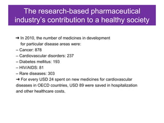 The research-based pharmaceutical
industry’s contribution to a healthy society

➜ In 2010, the number of medicines in development
   for particular disease areas were:
– Cancer: 878
– Cardiovascular disorders: 237
– Diabetes mellitus: 193
– HIV/AIDS: 81
– Rare diseases: 303
➜ For every USD 24 spent on new medicines for cardiovascular
diseases in OECD countries, USD 89 were saved in hospitalization
and other healthcare costs.
 