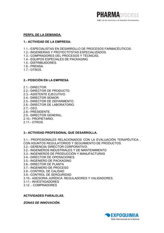 PERFIL DE LA DEMANDA.

1.- ACTIVIDAD DE LA EMPRESA:

1.1.- ESPECIALISTAS EN DESARROLLO DE PROCESOS FARMACÉUTICOS.
1.2.- INGENIERIAS Y PROYECTITSTAS ESPECIALIZADOS.
1.3.- COMPRADORES DEL PROCESOS Y TÉCNICAS.
1.4.- EQUIPOS ESPECIALES DE PACKAGING
1.5.- DISTRIBUIDORES.
1.6.- PRENSA.
1.7.- OTROS.


2.- POSICIÓN EN LA EMPRESA

2.1.- DIRECTOR.
2.2.- DIRECTOR DE PRODUCTO.
2.3.- ASISTENTE EJECUTIVO.
2.4.- DIRECTOR SENIOR.
2.5.- DIRECTOR DE DEPARMENTO.
2.6.- DIRECTOR DE LABORATORIO.
2.7.- CEO.
2.8.- PRESIDENTE.
2.9.- DIRECTOR GENERAL.
2.10.- PROPIETARIO.
2.11.- OTROS.


3.- ACTIVIDAD PROFESIONAL QUE DESARROLLA.

3.1.- PROFESIONALES RELACIONADOS CON LA EVALUACIÓN TERAPÉUTICA ,
CON ASUNTOS REGULATORIOS Y SEGUIMIENTO DE PRODUCTOS.
3.2.- GERENCIA/ DIRECTOR CORPORATIVO.
3.2.- INGENIEROS INDUSTRIALES Y DE MANTENIMIENTO
3.3.- INGENIEROS DE PRODUCCIÓN Y MANUFACTURAS
3.4.- DIRECTOR DE OPERACIONES.
3.5.- INGENIERO DE PACKAGING
3.6.- DIRECTOR DE PLANTA
3.7.- INGENIERO DE PROCESO
3.8.- CONTROL DE CALIDAD
3.9.- CONTROL DE SERGURIDAD
3.10.- ASESORIA JURÍDICA: REGULADORES Y VALIDADORES.
3.11.- INVESTIGADORES
3.12. - COMPRADORES


ACTIVIDADES PARALELAS.

ZONAS DE INNOVACIÓN.
 