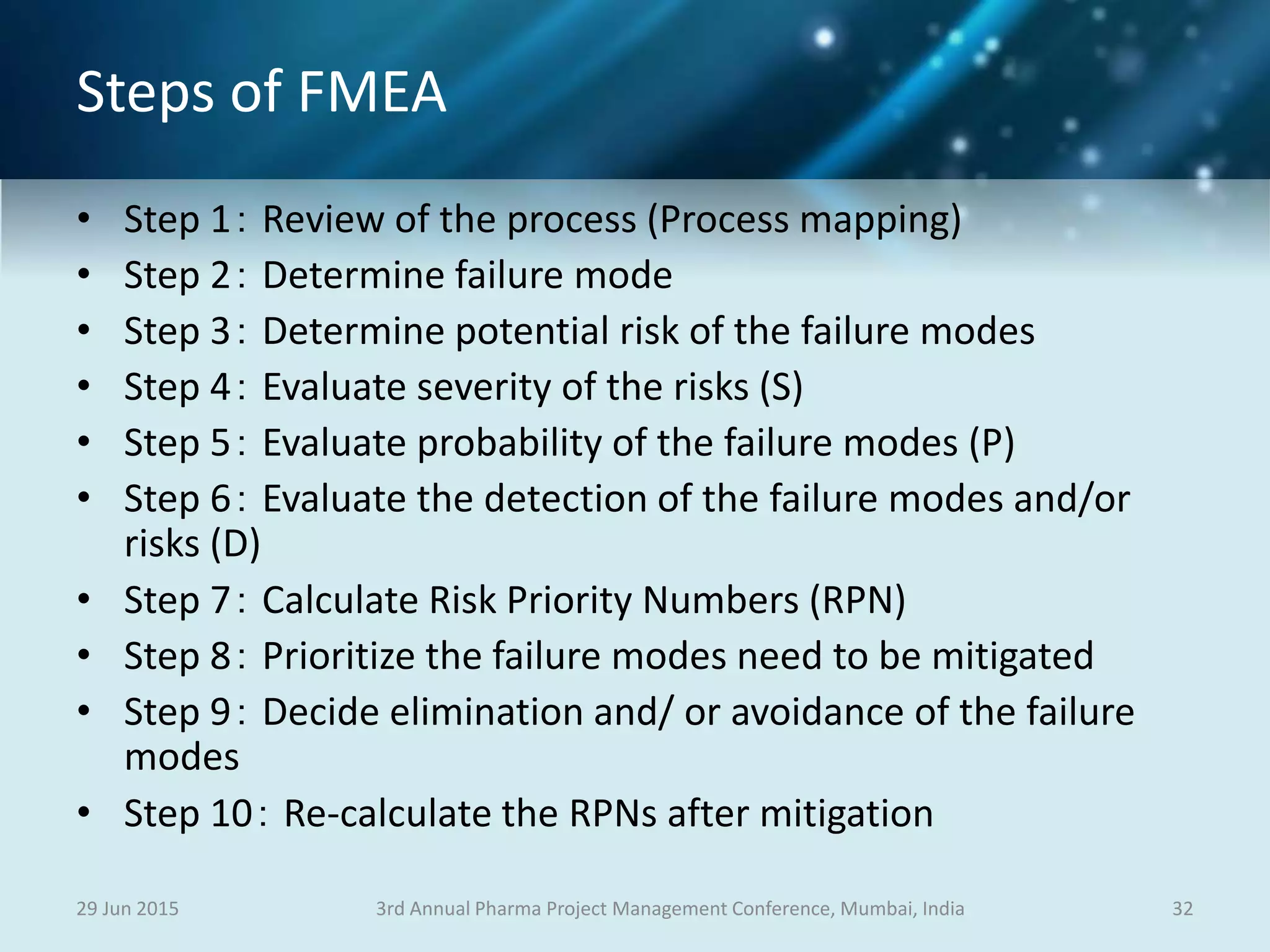 Steps of FMEA
• Step 1： Review of the process (Process mapping)
• Step 2： Determine failure mode
• Step 3： Determine potential risk of the failure modes
• Step 4： Evaluate severity of the risks (S)
• Step 5： Evaluate probability of the failure modes (P)
• Step 6： Evaluate the detection of the failure modes and/or
risks (D)
• Step 7： Calculate Risk Priority Numbers (RPN)
• Step 8： Prioritize the failure modes need to be mitigated
• Step 9： Decide elimination and/ or avoidance of the failure
modes
• Step 10： Re-calculate the RPNs after mitigation
29 Jun 2015 323rd Annual Pharma Project Management Conference, Mumbai, India
 