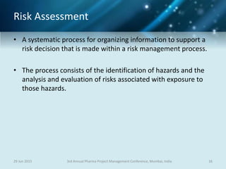 Risk Assessment
• A systematic process for organizing information to support a
risk decision that is made within a risk management process.
• The process consists of the identification of hazards and the
analysis and evaluation of risks associated with exposure to
those hazards.
29 Jun 2015 163rd Annual Pharma Project Management Conference, Mumbai, India
 