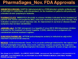 PharmaSages_Nov. FDA Approvals
GENENTECH (ROCHE): GAZYVA (obinutuzumab) is a CD20-directed cytolytic antibody and
is indicated, in combination with chlorambucil, for the treatment of patients with previously
untreated chronic lymphocytic leukemia.
PHARMACYCLICS: IMBRUVICA (ibrutinib) is a kinase inhibitor indicated for the treatment of
patients with mantle cell lymphoma (MCL) who have received at least one prior therapy. This
indication is based on overall response rate. An improvement in survival or disease-related
symptoms has not been established.
JANSSEN (J&J): OLYSIO (simeprevir) is a hepatitis C virus (HCV) NS3/4A protease inhibitor
indicated for the treatment of chronic hepatitis C (CHC) infection as a component of a
combination antiviral treatment regimen.
SUNOVION PHARMS INC: APTIOM (eslicarbazepine acetate) is indicated as adjunctive
treatment of partial-onset seizures.
MEDICIS: LUZU (luliconazole) Cream, 1% is an azole antifungal indicated for the topical treat
ment of interdigital tinea pedis, tinea cruris, and tinea corporis caused by the organisms
Trichophyton rubrum and Epidermophyton floccosum, in patients 18 years of age and older.

New dosage form for NOXAFIL (from MERCK SHARP DOHME ) was approved. New formulation or new manufacturer for
VARITHENA (from PROVENSIS LTD), and VELPHORO (from VIFOR FRESENIUS MEDICAL CARE RENAL PHARMA
FRANCE) were approved.

 