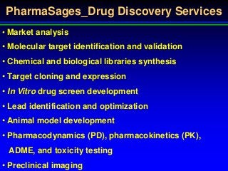 PharmaSages_Drug Discovery Services
• Market analysis
• Molecular target identification and validation
• Chemical and biological libraries synthesis
• Target cloning and expression
• In Vitro drug screen development
• Lead identification and optimization
• Animal model development
• Pharmacodynamics (PD), pharmacokinetics (PK),
ADME, and toxicity testing
• Preclinical imaging
 