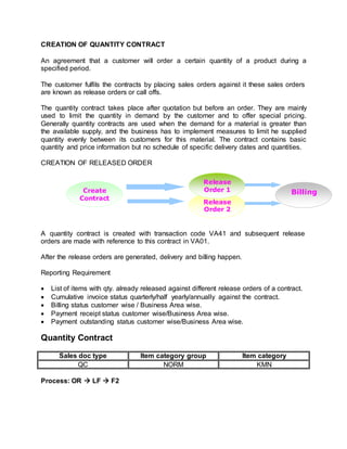 CREATION OF QUANTITY CONTRACT
An agreement that a customer will order a certain quantity of a product during a
specified period.
The customer fulfils the contracts by placing sales orders against it these sales orders
are known as release orders or call offs.
The quantity contract takes place after quotation but before an order. They are mainly
used to limit the quantity in demand by the customer and to offer special pricing.
Generally quantity contracts are used when the demand for a material is greater than
the available supply, and the business has to implement measures to limit he supplied
quantity evenly between its customers for this material. The contract contains basic
quantity and price information but no schedule of specific delivery dates and quantities.
CREATION OF RELEASED ORDER
A quantity contract is created with transaction code VA41 and subsequent release
orders are made with reference to this contract in VA01.
After the release orders are generated, delivery and billing happen.
Reporting Requirement
 List of items with qty. already released against different release orders of a contract.
 Cumulative invoice status quarterly/half yearly/annually against the contract.
 Billing status customer wise / Business Area wise.
 Payment receipt status customer wise/Business Area wise.
 Payment outstanding status customer wise/Business Area wise.
Quantity Contract
Sales doc type Item category group Item category
QC NORM KMN
Process: OR  LF  F2
Create
Contract
Release
Order 2
Release
Order 1 Billing
 