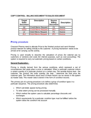 COPY CONTROL - BILLING DOCUMENT TO SALES DOCUMENT
Target
Sales
Document
Description Source
Billing
Document
Description
G2 Credit Memo Request F2 Invoice
SZG2 Credit Memo Request ZF2 Invoice
L2 Debit Memo Request F2 Invoice
ZL2 Debit Memo Request ZF2 Invoice
Pricing procedure
Crescent Pharma need to allocate Price to the finished product and semi-finished
product relevant for selling directly to the customer. A pricing mechanism needs to be
arrived at for carrying out the activity.
Pricing is used broadly to describe the calculation of prices (for external use by
customers or vendors) and costs (for internal purposes, such as cost accounting). The
system is required to carry out automatic pricing based on certain conditions.
General Explanation :
Pricing is directly derived from the various conditions, which represent a set of
circumstances that apply when a price is calculated. When a particular customer orders
a certain quantity of a particular product on a certain day. The variable factors here - the
customer, the product, the order quantity, the date - determine the final price the
customer gets. The information about each of these factors can be stored in the system
as master data. This master data is stored in the form of condition records.
The primary job of a pricing procedure is to define a group of condition types in a
particular sequence. The pricing procedure also determines:
 Which sub-totals appear during pricing
 To what extent pricing can be processed manually
 Which method the system uses to calculate percentage discounts and
surcharges
 Which requirements for a particular condition type must be fulfilled before the
system takes the condition into account
 