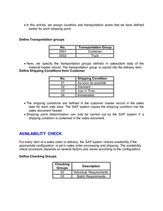  In this activity, we assign countries and transportation zones that we have defined
earlier for each shipping point.
Define Transportation groups
No. Transportation Group
0001 Container
0002 Truck
 Here, we specify the transportation groups defined in sales/plant data of the
material master record. The transportation group is copied into the delivery item.
Define Shipping Conditions from Customer
No. Shipping Condition
01 As soon as possible
02 Standard
03 Just in Time
04 Immediately
 The shipping conditions are defined in the customer master record in the sales
data for each sale area. The SAP system copies the shipping condition into the
sales document header.
 Shipping point determination can only be carried out by the SAP system if a
shipping condition is contained in the sales document.
AVAILABILITY CHECK
For every item of a sales order or delivery, the SAP system checks availability if the
appropriate configuration is set in sales order processing and shipping. The availability
check procedure depends on several factors and varies according to the configuration.
Define Checking Groups
Checking
Groups
Description
02 Individual Requirements
03 Batch Requirements
 