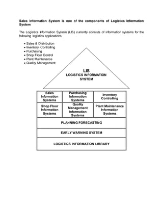 Sales Information System is one of the components of Logistics Information
System
The Logistics Information System (LIS) currently consists of information systems for the
following logistics applications
 Sales & Distribution
 Inventory Controlling
 Purchasing
 Shop Floor Control
 Plant Maintenance
 Quality Management
Sales
Information
Systems
Purchasing
Information
Systems
Inventory
Controlling
Shop Floor
Information
Systems
Quality
Management
Information
Systems
Plant Maintenance
Information
Systems
PLANNING FORECASTING
EARLY WARNING SYSTEM
LOGISTICS INFORMATION LIBRARY
LIS
LOGISTICS INFORMATION
SYSTEM
 