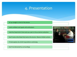 Sit up straight in front of the doctor
Look confident and speak with enthusiasm.
Hold the Detail Aid in front and use a pen to focus doctors attention
Don’t look at the Detail Aid, look at the doctor. Observe his/her actions
If interrupted, do a brief recap before continuing
Don’t be distracted by surroundings
4. Presentation
 