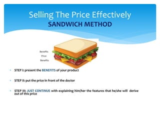 Benefits
Price
Benefits
 STEP I: present the BENEFITS of your product
 STEP II: put the price in front of the doctor
 STEP III: JUST CONTINUE with explaining him/her the features that he/she will derive
out of this price
Selling The Price Effectively
SANDWICH METHOD
 