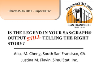 PharmaSUG 2012 - Paper DG12




IS THE LEGEND IN YOUR SAS/GRAPH®
OUTPUT STILL TELLING THE RIGHT
STORY?

   Alice M. Cheng, South San Francisco, CA
       Justina M. Flavin, SimulStat, Inc.
 
