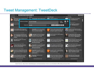 Tweet Management: TweetDeck




     Insert Source: http://www.1stwebdesigner.com/tutorials/learn-how-to-use-tweetdeck-effectively-and-save-time
 