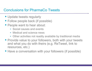 Conclusions for PharmaCo Tweets
•! Update tweets regularly
•! Follow people back (if possible)
•! People want to hear about:
   •! Social causes and events
   •! Medical and science news
   •! Other activities not readily available by traditional media
•! Provide value to your followers, both with your tweets
   and what you do with theirs (e.g. ReTweet, link to
   resources, etc.)
•! Have a conversation with your followers (if possible)
 