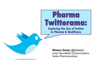 Pharma!
Twitterama:!
Exploring The Use of Twitter!
  in Pharma & Healthcare !




   Shwen Gwee (@shwen)
   Lead, New Media Communications
   Vertex Pharmaceuticals!
 