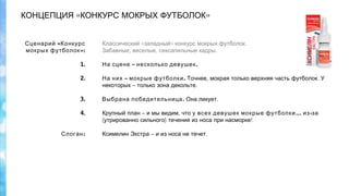 « »КОНЦЕПЦИЯ КОНКУРС МОКРЫХ ФУТБОЛОК
« » .Классический западный конкурс мокрых футболок
, , .Забавные веселые сексапильные кадры
–  .На сцене несколько девушек
–На них мокрые футболки. Точнее, мокрая только верхняя часть футболок. У
–  .некоторых только зона декольте
.Выбрана победительница .Она ликует
–  ,Крупный план и мы видим что … -у всех девушек мокрые футболки из за
( ) ! утрированно сильного течения из носа при насморке
  
– .Ксимелин Экстра и из носа не течет
«Сценарий Конкурс
»:мокрых футболок
1.
2.
3.
4.
:Слоган
 