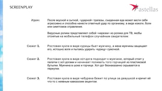 SCREENPLAY
, « » ,После вкусной и сытной ударной трапезы съеденная еда может вести себя
, ,агрессивно и способна нанести ответный удар по организму в виде изжоги боли
.или симптомов отравления
Вирусные ролики представляют собой «нарезк »и ,из ролика для ТВ якобы
отснятые на мобильный телефон случайным свидетелем:
 
Ростовая кукла в виде курицы бьет мужчину, а жена мужчины защищает
, « » .его истошно вопя и пытаясь ударить курицу сумочкой
-Ростовая кукла в виде хот дога подходит к мужчине, который стоит у
-палатки с хот догами и начинает поливать того горчицей из пластиковой
. . -бутылки Мужчина в шоке и горчице Хот дог безнаказанно скрывается в
.переулке
Ростовая кукла в виде чебурека бежит по улице за девушкой и кричит ей
- .что то с неявным кавказским акцентом
:Идея
Сюжет 1.
Сюжет 2.
Сюжет 3.
 