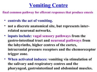 Vomiting Centre
final common pathway for efferent responses that produce emesis
• controls the act of vomiting.
• not a discrete anatomical site, but represents inter-
related neuronal networks.
• inputs include: vagal sensory pathways from the
gastro-intestinal tract and neuronal pathways from
the labyrinths, higher centres of the cortex,
intracranial pressure receptors and the chemoreceptor
trigger zone.
• When activated induces: vomiting via stimulation of
the salivary and respiratory centres and the
pharyngeal, gastrointestinal and abdominal muscles.
 