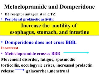 Metoclopramide and Domperidone
• D2 receptor antagonist in CTZ.
• Peripheral prokinetic activity:
• Domperidone does not cross BBB.
Incontrast
• Metoclopramide crosses BBB
Movement disorder, fatigue, spasmodic
torticollis, occulogyric crises, increased prolactin
release galacorrhea,menstrual
Increase the motility of
esophagus, stomach, and intestine
 