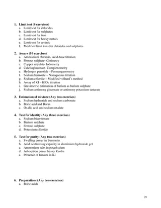 29
1. Limit test (6 exercises)
a. Limit test for chlorides
b. Limit test for sulphates
c. Limit test for iron
d. Limit test for heavy metals
e. Limit test for arsenic
f. Modified limit tests for chlorides and sulphates
2. Assays (10 exercises)
a. Ammonium chloride- Acid-base titration
b. Ferrous sulphate- Cerimetry
c. Copper sulpahte- Iodometry
d. Calcilugluconate- Complexometry
e. Hydrogen peroxide – Permanganometry
f. Sodium benzoate – Nonaqueous titration
g. Sodium chloride – Modified volhard’s method
h. Assay of KI – KIO3 titration
i. Gravimetric estimation of barium as barium sulphate
j. Sodium antimony gluconate or antimony potassium tartarate
3. Estimation of mixture (Any two exercises)
a. Sodium hydroxide and sodium carbonate
b. Boric acid and Borax
c. Oxalic acid and sodium oxalate
4. Test for identity (Any three exercises)
a. Sodium bicorbonate
b. Barium sulphate
c. Ferrous sulphate
d. Potassium chloride
5. Test for purity (Any two exercises)
a. Swelling power in Bentonite
b. Acid neutralising capacity in aluminium hydroxide gel
c. Ammonium salts in potash alum
d. Adsorption power heavy Kaolin
e. Presence of Iodates in KI
6. Preparations (Any two exercises)
a. Boric acids
 