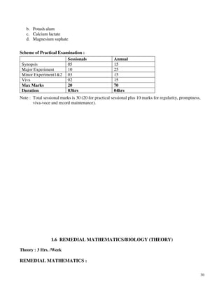 30
b. Potash alum
c. Calcium lactate
d. Magnesium suphate
Scheme of Practical Examination :
Sessionals Annual
Synopsis 05 15
Major Experiment 10 25
Minor Experiment1&2 03 15
Viva 02 15
Max Marks 20 70
Duration 03hrs 04hrs
Note : Total sessional marks is 30 (20 for practical sessional plus 10 marks for regularity, promptness,
viva-voce and record maintenance).
1.6 REMEDIAL MATHEMATICS/BIOLOGY (THEORY)
Theory : 3 Hrs. /Week
REMEDIAL MATHEMATICS :
 