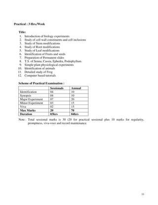 33
Practical : 3 Hrs./Week
Title:
1. Introduction of biology experiments
2. Study of cell wall constituents and cell inclusions
3. Study of Stem modifications
4. Study of Root modifications
5. Study of Leaf modifications
6. Identification of Fruits and seeds
7. Preparation of Permanent slides
8. T.S. of Senna, Cassia, Ephedra, Podophyllum.
9. Simple plant physiological experiments
10. Identification of animals
11. Detailed study of Frog
12. Computer based tutorials
Scheme of Practical Examination :
Sessionals Annual
Identification 04 10
Synopsis 04 10
Major Experiment 07 20
Minor Experiment 03 15
Viva 02 15
Max Marks 20 70
Duration 03hrs 04hrs
Note : Total sessional marks is 30 (20 for practical sessional plus 10 marks for regularity,
promptness, viva-voce and record maintenance.
 