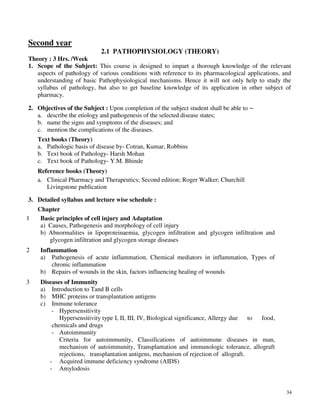 34
Second year
2.1 PATHOPHYSIOLOGY (THEORY)
Theory : 3 Hrs. /Week
1. Scope of the Subject: This course is designed to impart a thorough knowledge of the relevant
aspects of pathology of various conditions with reference to its pharmacological applications, and
understanding of basic Pathophysiological mechanisms. Hence it will not only help to study the
syllabus of pathology, but also to get baseline knowledge of its application in other subject of
pharmacy.
2. Objectives of the Subject : Upon completion of the subject student shall be able to –
a. describe the etiology and pathogenesis of the selected disease states;
b. name the signs and symptoms of the diseases; and
c. mention the complications of the diseases.
Text books (Theory)
a. Pathologic basis of disease by- Cotran, Kumar, Robbins
b. Text book of Pathology- Harsh Mohan
c. Text book of Pathology- Y.M. Bhinde
Reference books (Theory)
a. Clinical Pharmacy and Therapeutics; Second edition; Roger Walker; Churchill
Livingstone publication
3. Detailed syllabus and lecture wise schedule :
Chapter
1 Basic principles of cell injury and Adaptation
a) Causes, Pathogenesis and morphology of cell injury
b) Abnormalities in lipoproteinaemia, glycogen infiltration and glycogen infiltration and
glycogen infiltration and glycogen storage diseases
2 Inflammation
a) Pathogenesis of acute inflammation, Chemical mediators in inflammation, Types of
chronic inflammation
b) Repairs of wounds in the skin, factors influencing healing of wounds
3 Diseases of Immunity
a) Introduction to Tand B cells
b) MHC proteins or transplantation antigens
c) Immune tolerance
- Hypersensitivity
Hypersensitivity type I, II, III, IV, Biological significance, Allergy due to food,
chemicals and drugs
- Autoimmunity
Criteria for autoimmunity, Classifications of autoimmune diseases in man,
mechanism of autoimmunity, Transplantation and immunologic tolerance, allograft
rejections, transplantation antigens, mechanism of rejection of allograft.
- Acquired immune deficiency syndrome (AIDS)
- Amylodosis
 