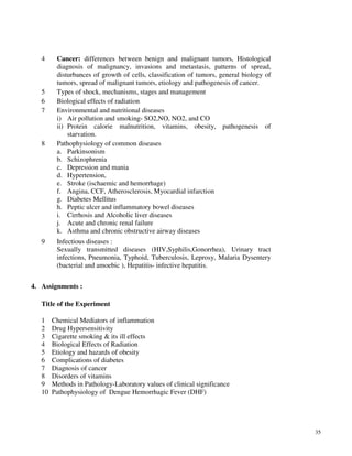 35
4 Cancer: differences between benign and malignant tumors, Histological
diagnosis of malignancy, invasions and metastasis, patterns of spread,
disturbances of growth of cells, classification of tumors, general biology of
tumors, spread of malignant tumors, etiology and pathogenesis of cancer.
5 Types of shock, mechanisms, stages and management
6 Biological effects of radiation
7 Environmental and nutritional diseases
i) Air pollution and smoking- SO2,NO, NO2, and CO
ii) Protein calorie malnutrition, vitamins, obesity, pathogenesis of
starvation.
8 Pathophysiology of common diseases
a. Parkinsonism
b. Schizophrenia
c. Depression and mania
d. Hypertension,
e. Stroke (ischaemic and hemorrhage)
f. Angina, CCF, Atherosclerosis, Myocardial infarction
g. Diabetes Mellitus
h. Peptic ulcer and inflammatory bowel diseases
i. Cirrhosis and Alcoholic liver diseases
j. Acute and chronic renal failure
k. Asthma and chronic obstructive airway diseases
9 Infectious diseases :
Sexually transmitted diseases (HIV,Syphilis,Gonorrhea), Urinary tract
infections, Pneumonia, Typhoid, Tuberculosis, Leprosy, Malaria Dysentery
(bacterial and amoebic ), Hepatitis- infective hepatitis.
4. Assignments :
Title of the Experiment
1 Chemical Mediators of inflammation
2 Drug Hypersensitivity
3 Cigarette smoking & its ill effects
4 Biological Effects of Radiation
5 Etiology and hazards of obesity
6 Complications of diabetes
7 Diagnosis of cancer
8 Disorders of vitamins
9 Methods in Pathology-Laboratory values of clinical significance
10 Pathophysiology of Dengue Hemorrhagic Fever (DHF)
 