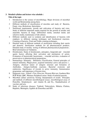38
3. Detailed syllabus and lecture wise schedule :
Title of the topic
1 Introduction to the science of microbiology. Major divisions of microbial
world and Relationship among them.
2 Different methods of classification of microbes and study of Bacteria,
Fungi, virus, Rickettsiae, Spirochetes.
3 Nutritional requirements, growth and cultivation of bacteria and virus.
Study of different important media required for the growth of aerobic and
anaerobic bacteria & fungi. Differential media, enriched media and
selective media, maintenance of lab cultures.
4 Different methods used in isolation and identification of bacteria with
emphasis to different staining techniques and biochemical reactions.
Counting of bacteria -Total and Viable counting techniques.
5 Detailed study of different methods of sterilization including their merits
and demerits. Sterilization methods for all pharmaceutical products.
Detailed study of sterility testing of different pharmaceutical preparations .
Brief information on Validation.
6 Disinfectants- Study of disinfectants, antiseptics, fungicidal and virucidal
agents factors affecting their activation and mechanism of action.
Evaluation of bactericidal, bacteristatic, , virucidal activities, evaluation of
preservatives in pharmaceutical preparations.
7 Immunology- Immunity, Definition, Classification, General principles of
natural immunity, Phagocytosis, acquired immunity( active and passive ) .
Antigens, chemical nature of antigens structure and formation of
Antibodies, Antigen-Antibody reactions. Bacterial exotoxins and
endotoxins. Significance of toxoids in active immunity, Immunization
programme, and importance of booster dose.
8 Diagnostic tests : Schick’s Test, Elisa test, Western Blot test, Southern Blot
PCR Widal, QBC, Mantaux Peripheral smear. Study of malarial parasite.
9 Microbial culture sensitivity Testing: Interpretation of results Principles
and methods of different microbiological assays, microbiological assay of
Penicillin, Streptomycin and vitamin B2 and B12. Standardisation of
vaccines and sera.
10 Study of infectious diseases: Typhoid, Tuberculosis, Malaria, Cholera,
Hepatitis, Meningitis, Syphilis & Gonorrhea and HIV.
 