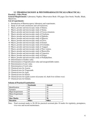 42
2.3 PHARMACOGNOSY & PHYTOPHARMACEUTICALS (PRACTICAL)
Practical : 3 Hrs./Week
General Requirements: Laboratory Napkin, Observation Book 150 pages Zero brush, Needle, Blade,
Match box.
List of experiments:
1 Introduction of Pharmacognosy laboratory and experiments.
2 Study of cell wall constituents and cell inclusions.
3 Macro, powder and microscopic study of Datura.
4 Macro, powder and microscopic study of Senna.
5 Macro, powder and microscopic study of Cassia.cinnamon.
6 Macro, powder and microscopic study of Cinchona.
7 Macro, powder and microscopic study of Ephedra.
8 Macro, powder and microscopic study of Quassia.
9 Macro, powder and microscopic study of Clove
10 Macro, powder and microscopic study of Fennel.
11 Macro, powder and microscopic study of Coriander.
12 Macro, powder and microscopic study of Isapgol.
13 Macro, powder and microscopic study of Nux vomica.
14 Macro, powder and microscopic study of Rauwolfia.
15 Macro, powder and microscopic study of Liquorice.
16 Macro, powder and microscopic study of Ginger.
17 Macro, powder and microscopic study of Podophyllum.
18 Determination of Iodine value.
19 Determination of Saponification value and unsaponifiable matter.
20 Determination of ester value.
21 Determination of Acid value.
22 Chemical tests for Acacia.
23 Chemical tests for Tragacanth.
24 Chemical tests for Agar.
25 Chemical tests for Starch.
26 Chemical tests for Lipids.(castor oil,sesame oil, shark liver oil,bees wax)
27 Chemical tests for Gelatin.
Scheme of Practical Examination:
Sessionals Annual
Identification 04 10
Synopsis 04 10
Major Experiment 07 20
Minor Experiment 03 15
Viva 02 15
Max Marks 20 70
Duration 03hrs 04hrs
Note : Total sessional marks is 30 (20 for practical sessional plus 10 marks for regularity, promptness,
viva-voce and record maintenance.
 