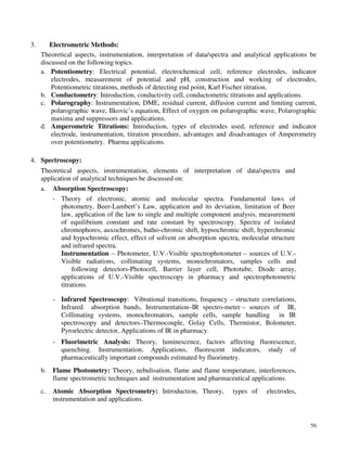 56
3. Electrometric Methods:
Theoretical aspects, instrumentation, interpretation of data/spectra and analytical applications be
discussed on the following topics.
a. Potentiometry: Electrical potential, electrochemical cell, reference electrodes, indicator
electrodes, measurement of potential and pH, construction and working of electrodes,
Potentiometric titrations, methods of detecting end point, Karl Fischer titration.
b. Conductometry: Introduction, conductivity cell, conductometric titrations and applications.
c. Polarography: Instrumentation, DME, residual current, diffusion current and limiting current,
polarographic wave, Ilkovic’s equation, Effect of oxygen on polarographic wave, Polarographic
maxima and suppressors and applications.
d. Amperometric Titrations: Introduction, types of electrodes used, reference and indicator
electrode, instrumentation, titration procedure, advantages and disadvantages of Amperometry
over potentiometry. Pharma applications.
4. Spectroscopy:
Theoretical aspects, instrumentation, elements of interpretation of data/spectra and
application of analytical techniques be discussed on:
a. Absorption Spectroscopy:
- Theory of electronic, atomic and molecular spectra. Fundamental laws of
photometry, Beer-Lambert’s Law, application and its deviation, limitation of Beer
law, application of the law to single and multiple component analysis, measurement
of equilibrium constant and rate constant by spectroscopy. Spectra of isolated
chromophores, auxochromes, batho-chromic shift, hypsochromic shift, hyperchromic
and hypochromic effect, effect of solvent on absorption spectra, molecular structure
and infrared spectra.
Instrumentation – Photometer, U.V.-Visible spectrophotometer – sources of U.V.-
Visible radiations, collimating systems, monochromators, samples cells and
following detectors-Photocell, Barrier layer cell, Phototube, Diode array,
applications of U.V.-Visible spectroscopy in pharmacy and spectrophotometric
titrations.
- Infrared Spectroscopy: Vibrational transitions, frequency – structure correlations,
Infrared absorption bands, Instrumentation–IR spectro-meter – sources of IR,
Collimating systems, monochromators, sample cells, sample handling in IR
spectroscopy and detectors–Thermocouple, Golay Cells, Thermistor, Bolometer,
Pyroelectric detector, Applications of IR in pharmacy.
- Fluorimetric Analysis: Theory, luminescence, factors affecting fluorescence,
quenching. Instrumentation, Applications, fluorescent indicators, study of
pharmaceutically important compounds estimated by fluorimetry.
b. Flame Photometry: Theory, nebulisation, flame and flame temperature, interferences,
flame spectrometric techniques and instrumentation and pharmaceutical applications.
c. Atomic Absorption Spectrometry: Introduction, Theory, types of electrodes,
instrumentation and applications.
 