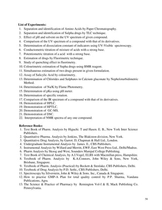 58
List of Experiments:
1. Separation and identification of Amino Acids by Paper Chromatography.
2. Separation and identification of Sulpha drugs by TLC technique.
3. Effect of pH and solvent on the UV spectrum of given compound.
4. Comparison of the UV spectrum of a compound with that of its derivatives.
5. Determination of dissociation constant of indicators using UV-Visible spectroscopy.
6. Conductometric titration of mixture of acids with a strong base.
7. Potentiometric titration of a acid with a strong base.
8. Estimation of drugs by Fluorimetric technique.
9. Study of quenching effect in fluorimetry.
10. Colourimetric estimation of Supha drugs using BMR reagent.
11. Simultaneous estimation of two drugs present in given formulation.
12. Assay of Salicylic Acid by colourimetry.
13. Determination of Chlorides and Sulphates in Calcium gluconate by Nepheloturbidimetric
Method.
14. Determination of Na/K by Flame Photometry.
15. Determination of pKa using pH meter.
16. Determination of specific rotation.
17. Comparison of the IR spectrum of a compound with that of its derivatives.
18. Demonstration of HPLC.
19. Demonstration of HPTLC.
20. Demonstration of GC-MS.
21. Demonstration of DSC.
22. Interpretation of NMR spectra of any one compound.
Reference Books:
1. Text Book of Pharm. Analysis by Higuchi. T and Hasen. E. B., New York Inter Science
Publishers.
2. Quantitative Pharma. Analysis by Jenkins, The Blakiston division, New York.
3. Quantitative Drug Analysis, by Garrot. D, Chapman & Hall Ltd., London.
4. Undergraduate Instrumental Analysis by James. E., CBS Publishers.
5. Instrumental Analysis by Willard and Merritt, EWP, East West Press Ltd., Delhi/Madras.
6. Pharm Analysis by Skoog and West, Sounders Manipal College Publishing.
7. Text Book of Chemical Analysis, by A.I.Vogel, ELBS with Macmillan press, Hampshire.
8. Textbook of Pharm. Analysis by K.A.Connors, John Wiley & Sons, New York,
Brisbane, Singapore.
9. Textbook of Pharm. Analysis (Practical) by Beckett & Stenlake, CBS Publishers, Delhi.
10. Textbook of Drug Analysis by P.D. Sethi., CBS Publishers, Delhi.
11. Spectroscopy by Silverstein, John & Wiley & Sons. Inc., Canada & Singapore.
12. How to practise GMP-A Plan for total quality control by P.P. Sharma, Vandana
Publications, Agra.
13. The Science & Practice of Pharmacy by Remington Vol-I & II, Mack Publishing Co.
Pennsylvania.
 