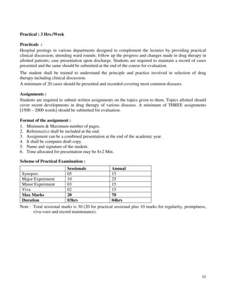62
Practical : 3 Hrs./Week
Practicals :
Hospital postings in various departments designed to complement the lectures by providing practical
clinical discussion; attending ward rounds; follow up the progress and changes made in drug therapy in
allotted patients; case presentation upon discharge. Students are required to maintain a record of cases
presented and the same should be submitted at the end of the course for evaluation.
The student shall be trained to understand the principle and practice involved in selection of drug
therapy including clinical discussion.
A minimum of 20 cases should be presented and recorded covering most common diseases.
Assignments :
Students are required to submit written assignments on the topics given to them. Topics allotted should
cover recent developments in drug therapy of various diseases. A minimum of THREE assignments
[1500 – 2000 words] should be submitted for evaluation.
Format of the assignment :
1. Minimum & Maximum number of pages.
2. Reference(s) shall be included at the end.
3. Assignment can be a combined presentation at the end of the academic year.
4. It shall be computer draft copy.
5. Name and signature of the student.
6. Time allocated for presentation may be 8+2 Min.
Scheme of Practical Examination :
Sessionals Annual
Synopsis 05 15
Major Experiment 10 25
Minor Experiment 03 15
Viva 02 15
Max Marks 20 70
Duration 03hrs 04hrs
Note : Total sessional marks is 30 (20 for practical sessional plus 10 marks for regularity, promptness,
viva-voce and record maintenance).
 