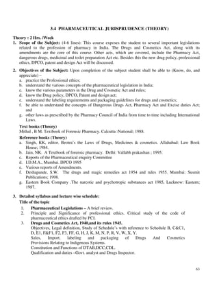 63
3.4 PHARMACEUTICAL JURISPRUDENCE (THEORY)
Theory : 2 Hrs. /Week
1. Scope of the Subject: (4-6 lines): This course exposes the student to several important legislations
related to the profession of pharmacy in India. The Drugs and Cosmetics Act, along with its
amendments are the core of this course. Other acts, which are covered, include the Pharmacy Act,
dangerous drugs, medicinal and toilet preparation Act etc. Besides this the new drug policy, professional
ethics, DPCO, patent and design Act will be discussed.
2. Objectives of the Subject: Upon completion of the subject student shall be able to (Know, do, and
appreciate) –
a. practice the Professional ethics;
b. understand the various concepts of the pharmaceutical legislation in India;
c. know the various parameters in the Drug and Cosmetic Act and rules;
d. know the Drug policy, DPCO, Patent and design act;
e. understand the labeling requirements and packaging guidelines for drugs and cosmetics;
f. be able to understand the concepts of Dangerous Drugs Act, Pharmacy Act and Excise duties Act;
and
g. other laws as prescribed by the Pharmacy Council of India from time to time including International
Laws.
Text books (Theory)
Mithal , B M. Textbook of Forensic Pharmacy. Calcutta :National; 1988.
Reference books (Theory)
a. Singh, KK, editor. Beotra’s the Laws of Drugs, Medicines & cosmetics. Allahabad: Law Book
House; 1984.
b. Jain, NK. A Textbook of forensic pharmacy. Delhi: Vallabh prakashan ; 1995.
c. Reports of the Pharmaceutical enquiry Committee
d. I.D.M.A., Mumbai. DPCO 1995
e. Various reports of Amendments.
f. Deshapande, S.W. The drugs and magic remedies act 1954 and rules 1955. Mumbai: Susmit
Publications; 1998.
g. Eastern Book Company .The narcotic and psychotropic substances act 1985, Lucknow: Eastern;
1987.
3. Detailed syllabus and lecture wise schedule:
Title of the topic
1. Pharmaceutical Legislations – A brief review.
2. Principle and Significance of professional ethics. Critical study of the code of
pharmaceutical ethics drafted by PCI.
3. Drugs and Cosmetics Act, 1940,and its rules 1945.
Objectives, Legal definition, Study of Schedule’s with reference to Schedule B, C&C1,
D, E1, F&F1, F2, F3, FF, G, H, J, K, M, N, P, R, V, W, X, Y.
Sales, Import, labeling and packaging of Drugs And Cosmetics
Provisions Relating to Indigenous Systems.
Constitution and Functions of DTAB,DCC,CDL.
Qualification and duties –Govt. analyst and Drugs Inspector.
 