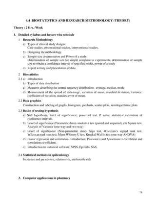 78
4.4 BIOSTATISTICS AND RESEARCH METHODOLOGY (THEORY)
Theory : 2 Hrs. /Week
1. Detailed syllabus and lecture wise schedule
1 Research Methodology
a) Types of clinical study designs:
Case studies, observational studies, interventional studies,
b) Designing the methodology
c) Sample size determination and Power of a study
Determination of sample size for simple comparative experiments, determination of sample
size to obtain a confidence interval of specified width, power of a study
d) Report writing and presentation of data
2 Biostatistics
2.1 a) Introduction
b) Types of data distribution
c) Measures describing the central tendency distributions- average, median, mode
d) Measurement of the spread of data-range, variation of mean, standard deviation, variance,
coefficient of variation, standard error of mean.
2.2 Data graphics
Construction and labeling of graphs, histogram, piecharts, scatter plots, semilogarthimic plots
2.3 Basics of testing hypothesis
a) Null hypothesis, level of significance, power of test, P value, statistical estimation of
confidence intervals.
b) Level of significance (Parametric data)- students t test (paired and unpaired), chi Square test,
Analysis of Variance (one-way and two-way)
c) Level of significance (Non-parametric data)- Sign test, Wilcoxan’s signed rank test,
Wilcoxan rank sum test, Mann Whitney U test, Kruskal-Wall is test (one way ANOVA)
d) Linear regression and correlation- Introduction, Pearsonn’s and Spearmann’s correlation and
correlation co-efficient.
e) Introduction to statistical software: SPSS, Epi Info, SAS.
2.4 Statistical methods in epidemiology
Incidence and prevalence, relative risk, attributable risk
3. Computer applications in pharmacy
 