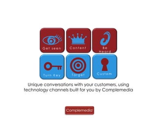 Content Be Heard Get seen Target Unique conversations with your customers, using  technology channels built for you by Complemedia Turn Key Custom 