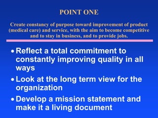 The Study of Quality is the First Step in the Never Ending Journey of Continuous Quality ImprovementTQM is a set of enabling components and a value systemapplied by the people in an organization which leads to acycle of continuous improvement of the quality of theprocesses and and resulting outputs (outcomes) of theentity.A tool for organizational learning - the way anorganization re-engineers their business to meetcustomer needs and expectations. 