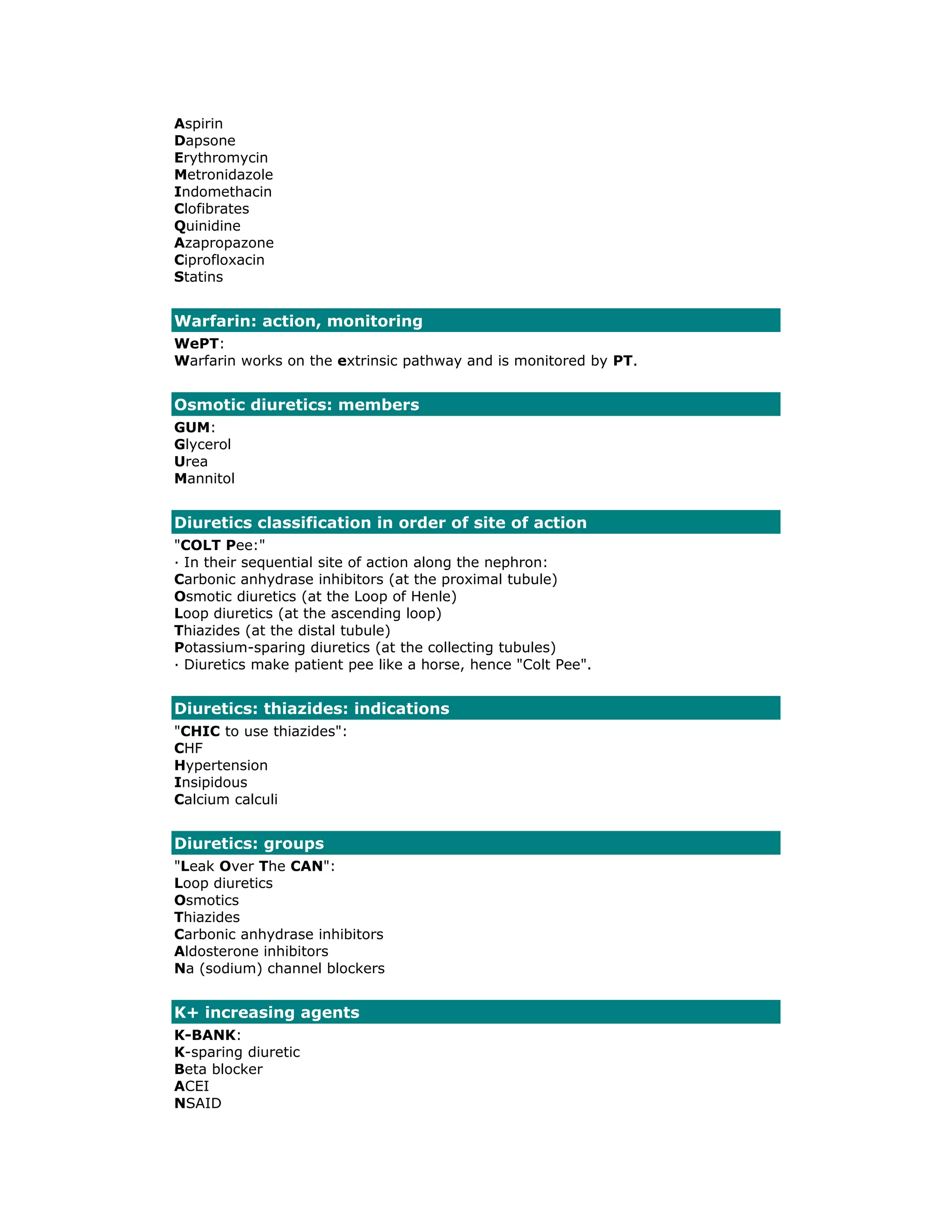 Pharm mnemonics | PDF