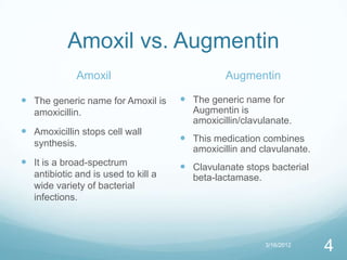 Amoxil vs. Augmentin
              Amoxil                            Augmentin

 The generic name for Amoxil is       The generic name for
   amoxicillin.                         Augmentin is
                                        amoxicillin/clavulanate.
 Amoxicillin stops cell wall
   synthesis.                          This medication combines
                                        amoxicillin and clavulanate.
 It is a broad-spectrum               Clavulanate stops bacterial
   antibiotic and is used to kill a     beta-lactamase.
   wide variety of bacterial
   infections.



                                                          3/16/2012
                                                                       4
 