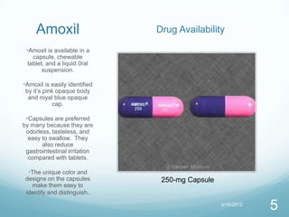 Amoxil                    Drug Availability

 •Amoxil is available in a
   capsule, chewable
 tablet, and a liquid 0ral
       suspension.

•Amoxil is easily identified
 by it’s pink opaque body
  and royal blue opaque
             cap.

 •Capsules are preferred
by many because they are
 odorless, tasteless, and
  easy to swallow. They
       also reduce
 gastrointestinal irritation
  compared with tablets.

  •The unique color and
 designs on the capsules        250-mg Capsule
   make them easy to
 identify and distinguish.
                                                 3/16/2012
                                                             5
 
