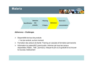 28 mars -2006Madagascar :Cours de paludologie
Quantification
Selection
des
produits
Planning
D’Appro.
Adherence
Suivi de la
consommation
Adherence – Challenges
Disponibilité de tous les produits
Au bon endroit, au bon moment
Formation des acteurs de Santé: Training en cascade et formation permanente
Information du patient/IEC grand public: Informer par tous les canaux
disponibles ( Radio , Télé , journaux), indiquer le prix ou la gratuité et où trouver
le nouveau médicament
Malaria
 